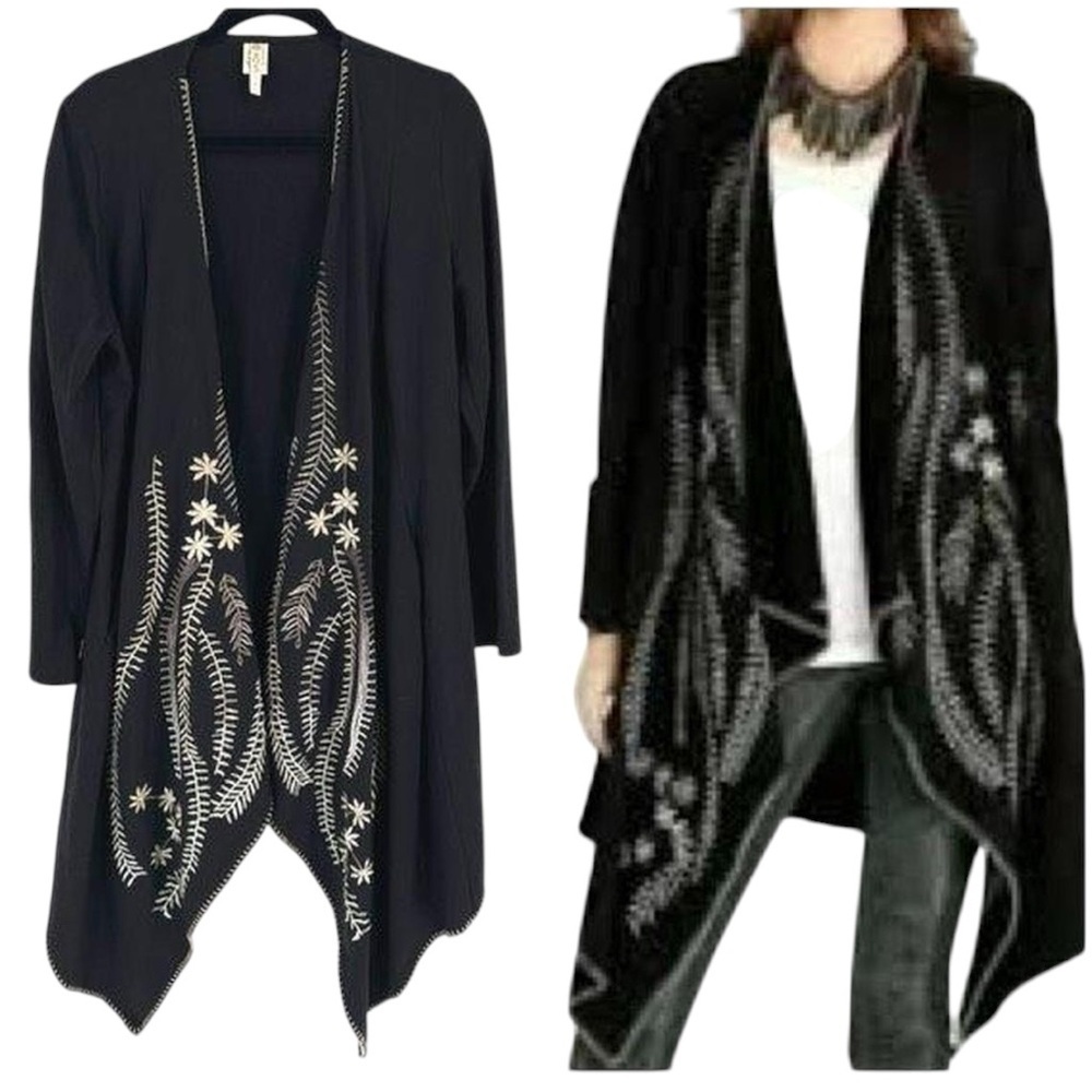 XCVI Black open-front embroidered asymmetrical hem cotton jacket size S boho